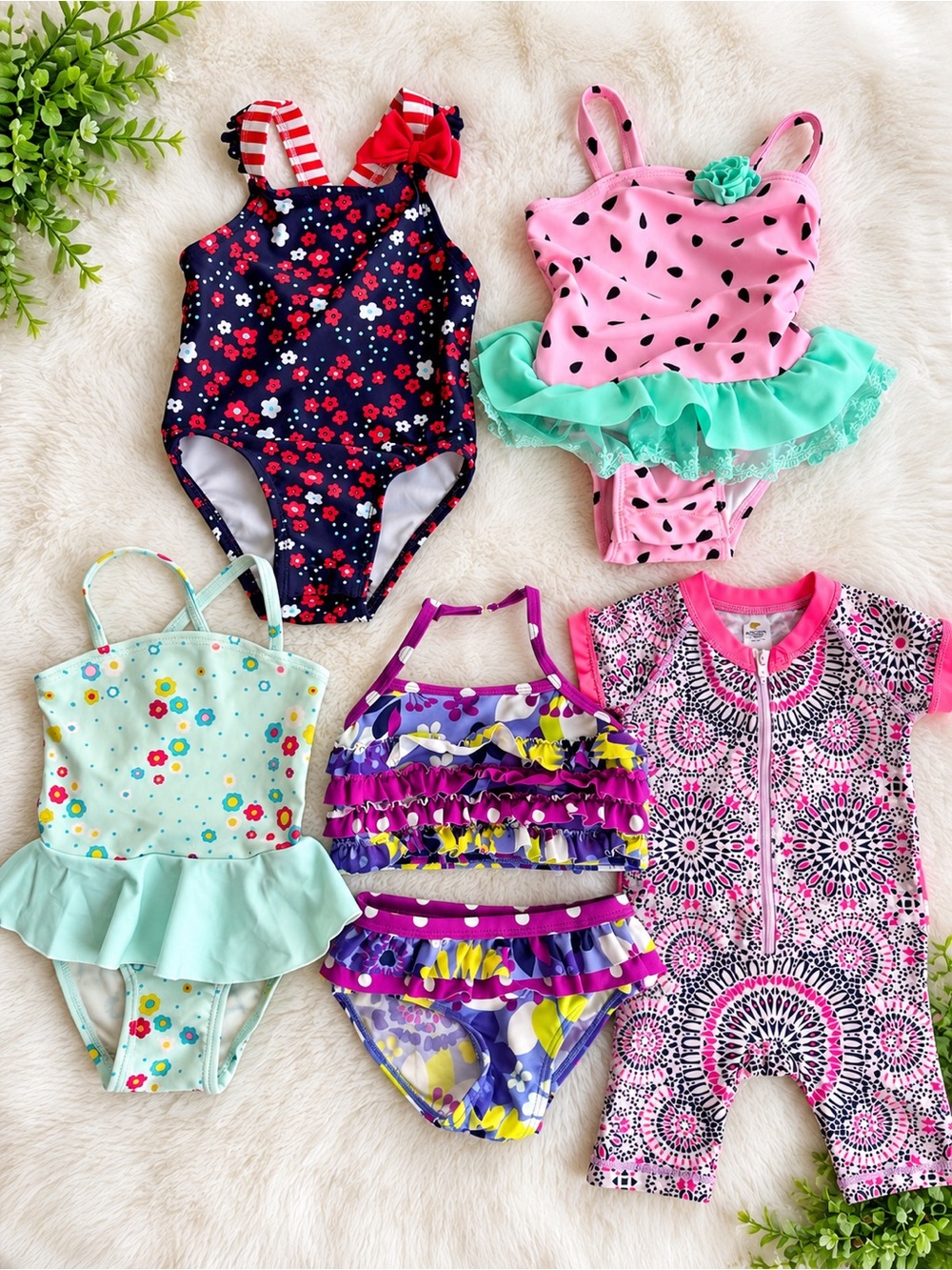 6-12mo Baby Girls Multi-Pattern sets & One-Piece swimwear lot of 5